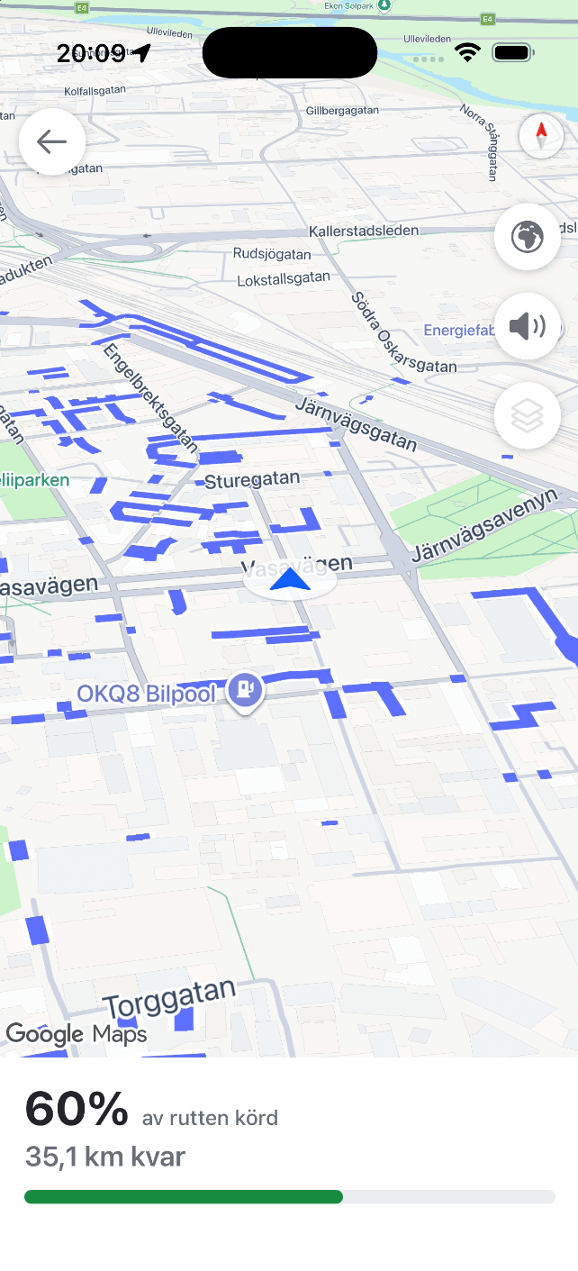 Körning av en vägrutt i SnowManager-appen: vägar kvar att köra i blått och 60 % av rutten körd