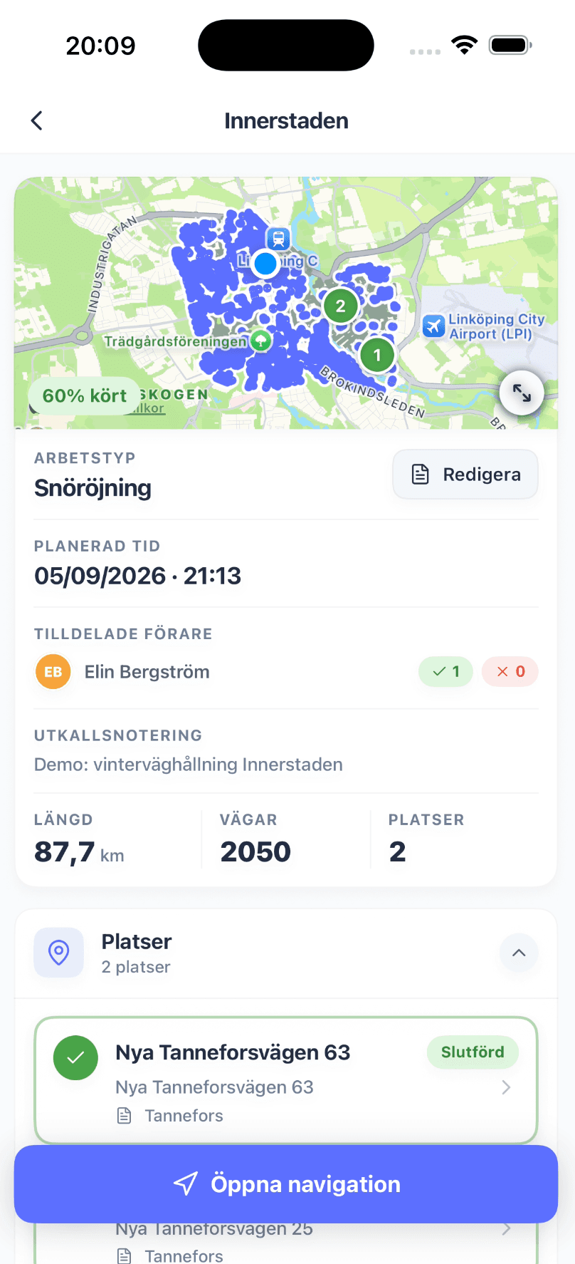 En vägrutt öppnad i SnowManager-appen med det målade vägnätet, längd och antal vägar